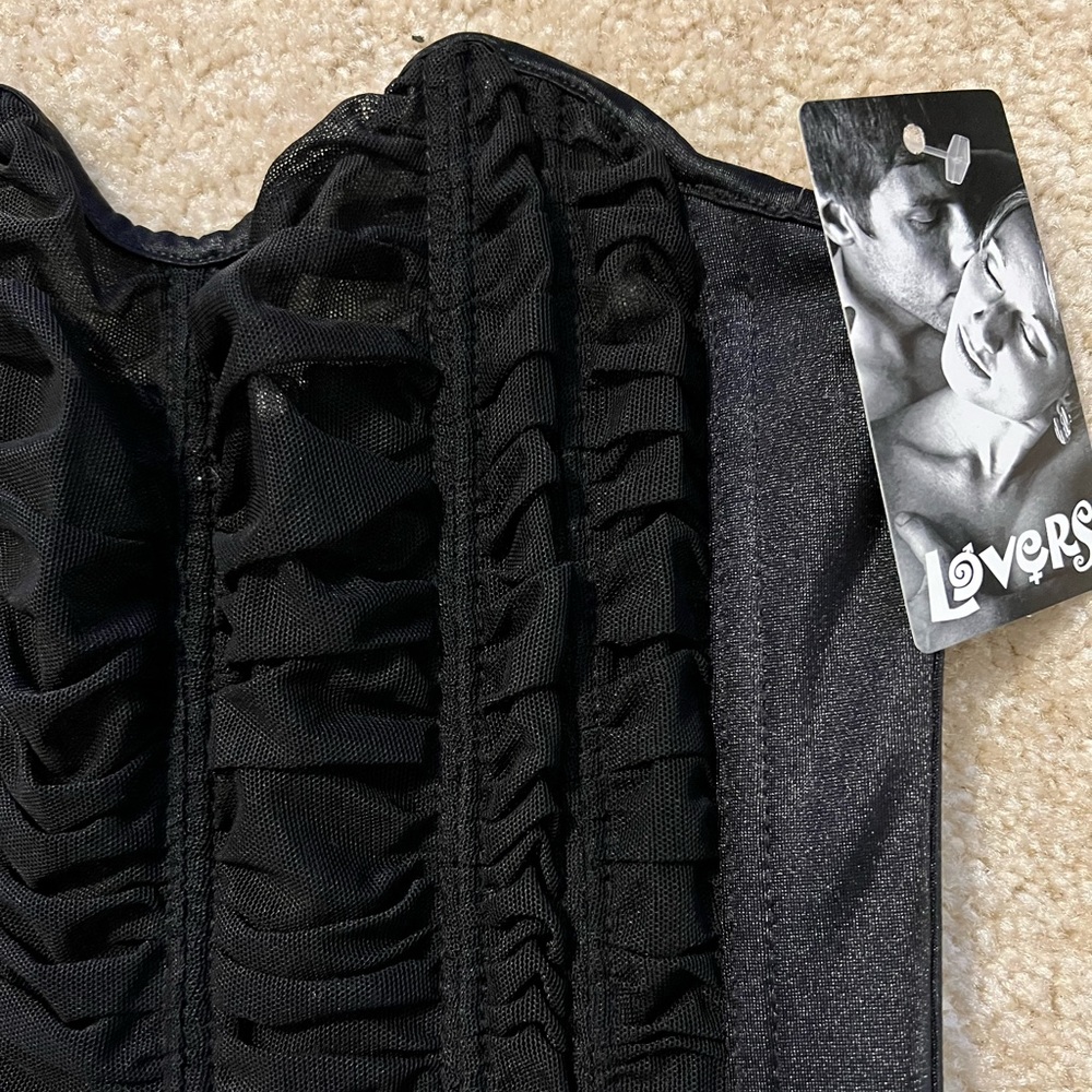 NEW NWT Lovers lingerie- Ruched black corset top with garters, Medium